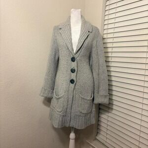 Eddie Bauer light gray wool long button up shawl collar cardigan size L